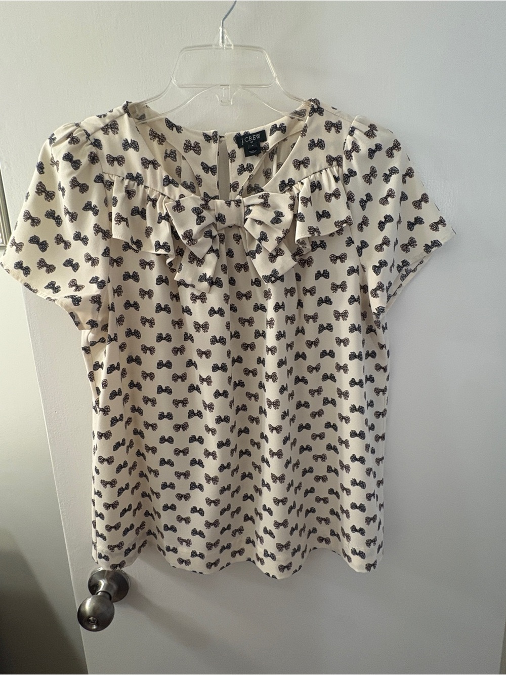 J. Crew Cream Short Sleeve Blouse with Black Bow Print | Size 6